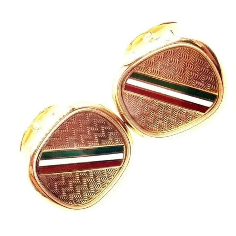 Rare! Patek Philippe 18k Yellow Gold Italian Flag Colors Enamel Large Cufflinks